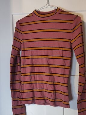 Simons Pink Striped Long Sleeve Tee with Mustard and Black Accents